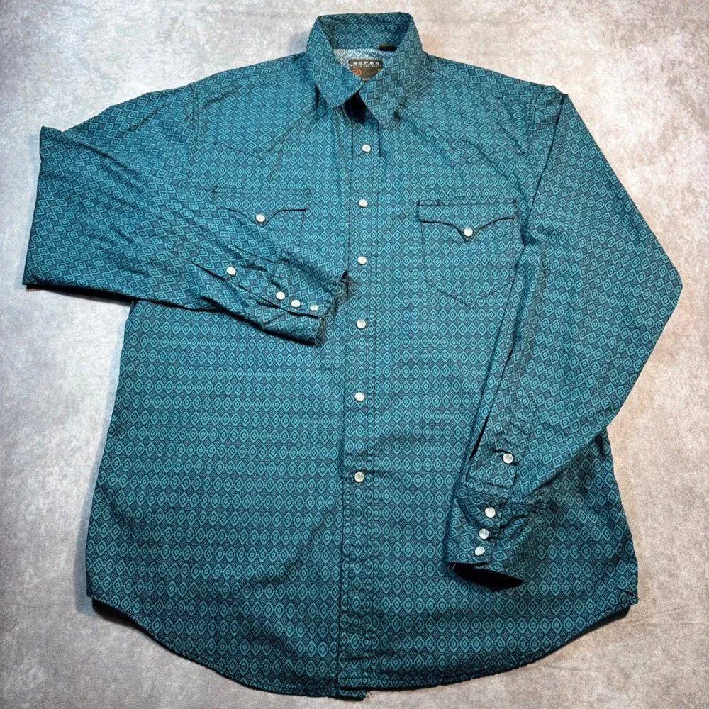 Roper Mens Teal Geometric Diamond Western Pearl Snap Shirt Long Sleeve Large - Picture 2 of 8